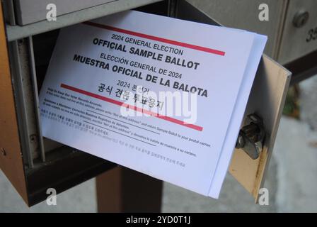 Rutherford, New Jersey, USA - 24. Oktober 2024: Briefkasten mit Wahlpost vor den US-Parlamentswahlen 2024. Stockfoto