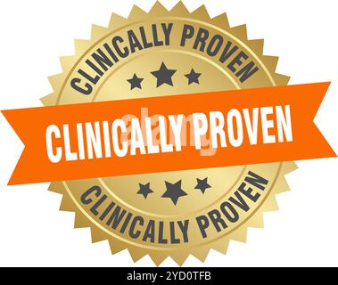 Klinisch bewährtes rundes orangefarbenes und goldenes Etikett, isoliert auf transparentem Hintergrund. Klinisch bewährt Stock Vektor