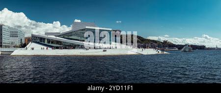 Besucher genießen einen Wintertag vor dem modernen Opernhaus von Oslo mit Blick auf den ruhigen See und die pulsierende Skyline der Stadt inmitten eines klaren blauen Himmels. Stockfoto