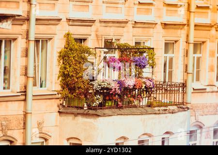 Der Balkon ist mit Blumen bedeckt. Frühlingsstimmung in der Stadt. . Blumen auf dem Balkon Stockfoto