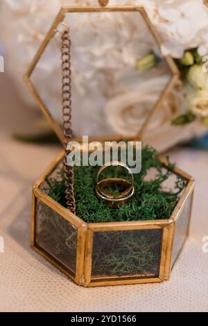 Elegante Hochzeitsringe in einer luxuriösen sechseckigen Glasbox. Stockfoto