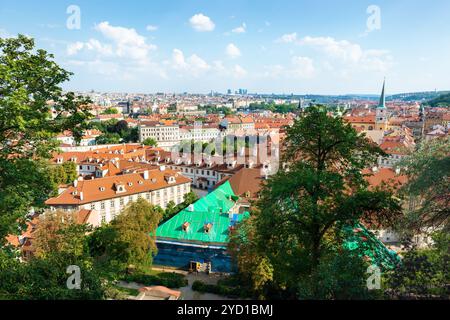 Blick auf Prag, die Kathedralen und die roten Dächer von oben Stockfoto