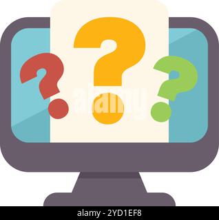 Abbildung eines Computerbildschirms mit einem Dokument mit Fragezeichen, das häufig gestellte Fragen, Support und Hilfe im Internet darstellt Stock Vektor