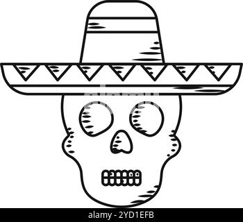 Handgezeichneter mexikanischer Schädel mit Sombrero-Hut-Ikone Vector Stock Vektor
