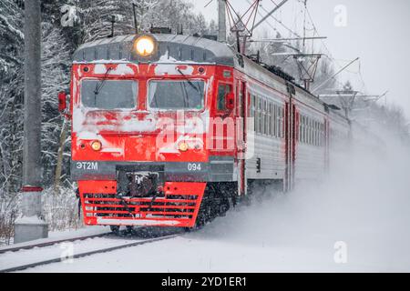 Russischer Zug im Winter. Der Zug fährt im Winter mit der Bahn in den Wäldern. Winterwald. . Russland Region Leningrad, Gatch Stockfoto