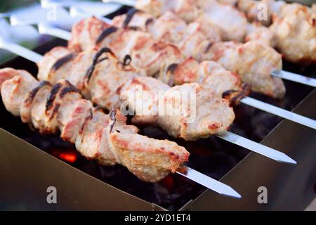 Spieße auf Spießen auf dem Grill. Gegrilltes Fleisch auf den Kohlen. Mariniertes Fleisch. Stockfoto