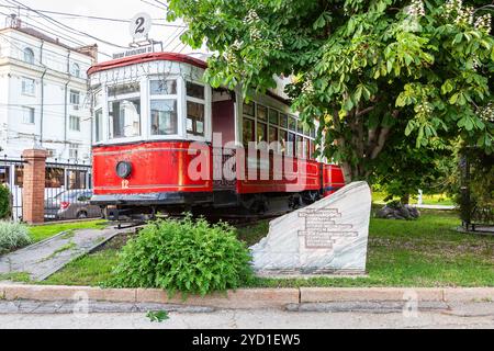 Samara, Russland - 18. Mai 2019: Retro Straßenbahn vagon am freien Straßenbahn-Museum in Samara Stockfoto