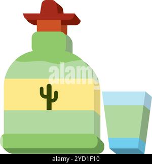 Tequila-Flasche mit flachem Glas-Symbol für mexikanische Getränkekonzepte Vektor Stock Vektor
