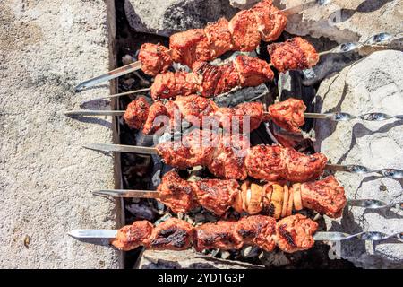 Schweinefleisch-Schaschlik auf Spießen. Mariniertes Fleisch. Fleischkebab. Spieße auf Spießen. Kochen am Feuer. Stockfoto