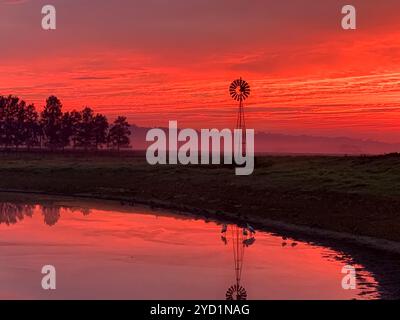 Heller Morgennebel, Windmühle, Teich und ein atemberaubender leuchtender roter Sonnenaufgangshimmel in ländlichen ländlichen Ackerland Australiens Stockfoto