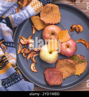 Teller mit Äpfeln. Herbstlayout. Obstäpfel. Herbstfoto. . Äpfel und Herbstblätter Stockfoto