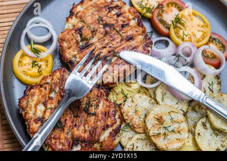 Gehacktes Hähnchenkotelett mit gegrilltem Gemüse liegt auf einem Teller. Gegrilltes Geflügel und Gemüse. Wunderschönes Essen. Speiseplan. Stockfoto