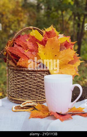 Herbstteeparty. Tasse mit Tee und Ahornblättern. Ahornblätter in einem Korb. Stockfoto