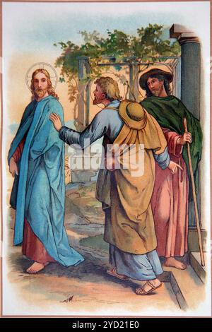 Illustration von Jesus Christus, der zwei Jüngern auf dem Weg nach Emmaus aus der antiken Ausgabe 1909 des Kinderbuches des Neuen Testaments erscheint Stockfoto