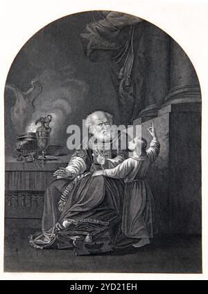 Junger Samuel mit dem Hohepriester Eli am Tabernakel in Antique 1776 Ausgabe der National Illustrated Family Bible die Heilige Bibel mit Kommentar Stockfoto