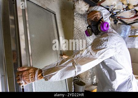 In einem Gebäude, in dem ein Inspektor arbeitet, werden Glaspaneele aus einem Keller entfernt, der mit schwarzen Schimmelsporen oder aspergillus geplagt ist. Stockfoto