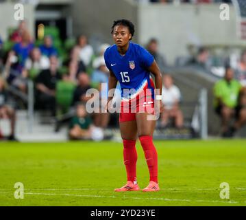 Austin, Texas, USA. Oktober 2024. US-Stürmer Jaedyn Shaw (15) während eines internationalen Fußballspiels zwischen der United States Women's National Team und Island am 24. Oktober 2024 in Austin, Texas. Die Vereinigten Staaten haben mit 3:1 gewonnen. (Kreditbild: © Scott Coleman/ZUMA Press Wire) NUR REDAKTIONELLE VERWENDUNG! Nicht für kommerzielle ZWECKE! Stockfoto