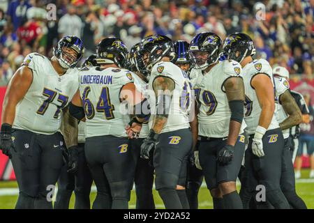 Tampa Bay, Florida, USA, 21. Oktober 2024, die Spieler der Baltimore Ravens drängen sich im Raymond James Stadium. (Foto: Marty Jean-Louis) Stockfoto