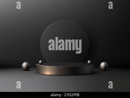 Die minimalistische 3D-Produktpräsentation verfügt über ein schwarzes Podium mit kreisförmigem Hintergrund und metallischen Kugeln. Ideal für Black Friday Mockups, luxuriöse Showrooms, Stock Vektor