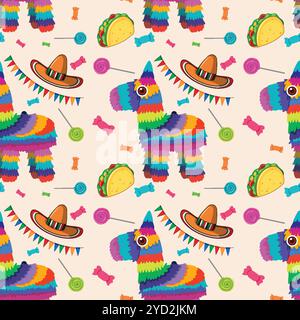 Lebendige piÃ±atas, Tacos und Sombreros in einem nahtlosen Design Stock Vektor