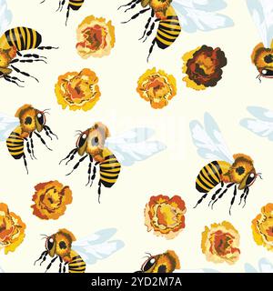 Nahtloses Muster mit Bienen und Blumen auf farbigem Hintergrund. Kleine Wespe. Vektorgrafik. Entzückende Cartoon-Figur. Vorlagendesign für Stock Vektor