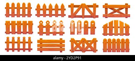 Hölzerner Bauernzaun, Ranch-Garten-Palisade oder Geländer. Cartoon Vektor rustikale Tore oder Balustrade mit Holzpfeilern. Geländer, Zaunabschnitte mit dekorativen Säulen. Isolierte Holzbaluster Stock Vektor