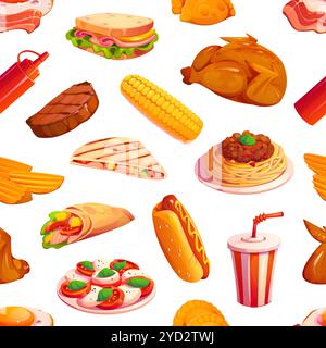 Nahtloses Cartoon-Fast Food-Muster. Tapetenmuster, Stoffvektordruck mit Fast-Food-Café-Mahlzeiten. Geschenkpapier im Hintergrund mit Sandwich, Mais und Pasta, Limonade, Steakfleisch und gebratenem Huhn Stock Vektor