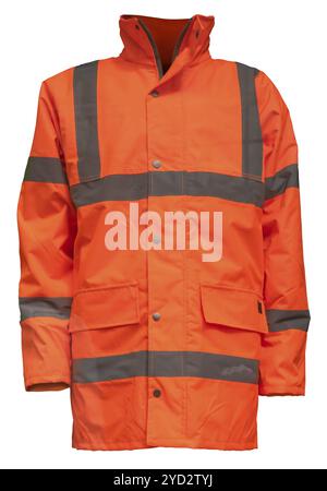 Eine orangefarbene Sicherheitsjacke mit hoher Sichtbarkeit (Hi Vis), isoliert auf WEISSEM Hintergrund Stockfoto