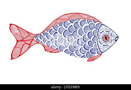 Stilisierte Illustration von Fischen. Rote und blaue Farben. Kritzeleien. Zeichnen mit einer Kontur und Texturen aus verschiedenen Linien und Konturen. Im Profil, auf Stockfoto