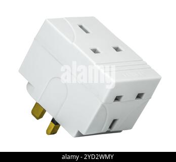 Isolierter UK Power Cube Adapter Stecker auf EINEM weißen Hintergrund Stockfoto