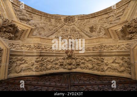 Astorga, Spanien, 12. April 2024: Detailansicht der Haupttür und des geschnitzten Bogens des Eingangs des Katehdral der Heiligen Maria in Astorga, Europa Stockfoto