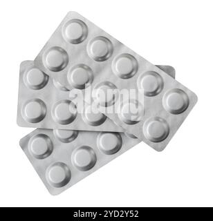 Stapel medizinischer Pille Blister Packs isoliert auf Einem weißen Hintergrund Stockfoto