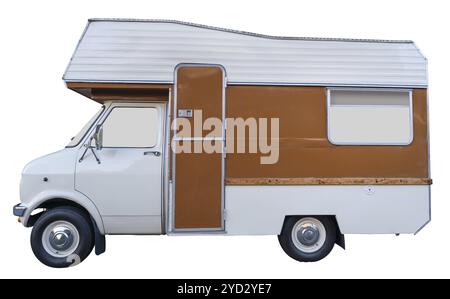 Isoliertes Vintage Retro Brown Motorhome (oder RV oder Campervan) auf weißem Hintergrund Stockfoto