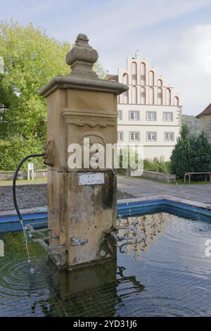 Fischbrunnen in Vellberg, Mittelalter, Bühlertal, Bühler, Schwäbischer Saal, Hohenlohe, Heilbronn-Franken, Baden-Württemberg, Deutschland, Europa Stockfoto