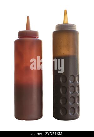 Ein Paar von Squeezy Flaschen für Ketchup und Braune Soße (Schottische Chippy Sauce) Stockfoto