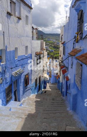 Chefchaouen, Marokko, 2. März 2024: Eine schmale Gasse führt durch das historische Stadtzentrum der blauen Stadt Chefchaouen im Norden Marokkos, Afrika Stockfoto