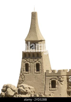 Isolierte Detail einer Sandburg mit einem weißen Hintergrund. Stockfoto
