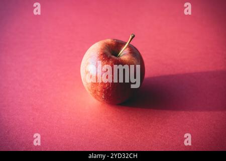 Roter Apfel bildet einen Schatten vor rotem Hintergrund Stockfoto