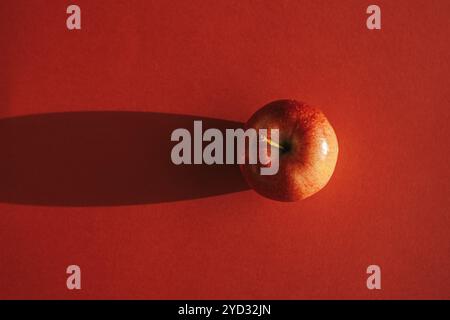 Roter Apfel bildet einen Schatten vor rotem Hintergrund Stockfoto