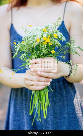 Ein Blumenstrauß in Frauenhänden. Blumenstrauß aus Wildblumen. Weiche weibliche Hände. Artikel über das Sammeln von Blumen. Gelb Stockfoto