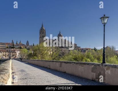 Salamanca, Spanien, 9. April 2024: Blick über die alte Römische Brücke in Salamanca auf die Kathedrale, die die Skyline der Stadt in Europa dominiert Stockfoto