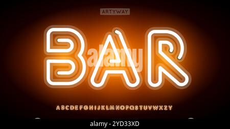 Leuchtendes Neon-Alphabet, elektrisch leuchtende Buchstaben, leuchtende Schriftart für das Nachtclub-Branding, Schlagzeile für das Nachtleben, glänzendes orangefarbenes Logo, elektrisierend Stock Vektor
