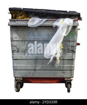 Isolierte Grungy Wheelie Recycling oder Mülleimer (Bin) auf weißem Hintergrund Stockfoto