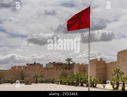 Taroudant, Marokko, 21. März 2024: Blick auf die von Palmen gesäumte Ringstraße um die historischen Stadtmauern der Medina von Taroudant, Afrika Stockfoto