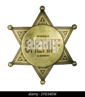 Isoliertes Retro Vintage Messing Sheriff Star Abzeichen auf weißem Hintergrund Stockfoto