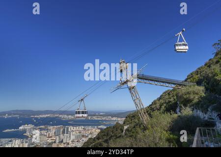 Gibraltar, Gibraltar, 27. April 2024: Blick auf die Bucht von Algeciras und die Innenstadt von Gibraltar mit der Seilbahn im Vordergrund, Europa Stockfoto