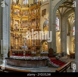 Astorga, Spanien, 12. April 2024: Blick auf den Altar und das vergoldete Altarbild im Mittelschiff des Marienkatehdral in Astorga, Europa Stockfoto