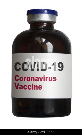 Eine Flasche oder ein Fläschchen mit EINEM Impfstoff gegen Coronavirus oder COVID-19 auf WEISSEM Hintergrund Stockfoto