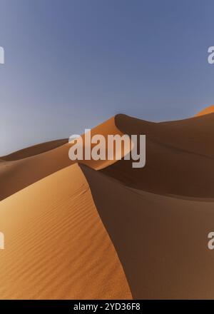 Vertikaler Blick auf die Sanddünen bei Erg Chebbi in Marokko bei warmem Abendlicht Stockfoto