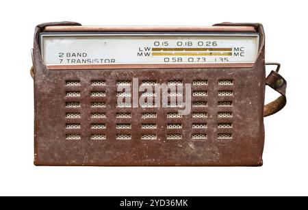 Isolierte Vintage Retro altmodischen Transistorradio In einem braunen Lederetui Stockfoto